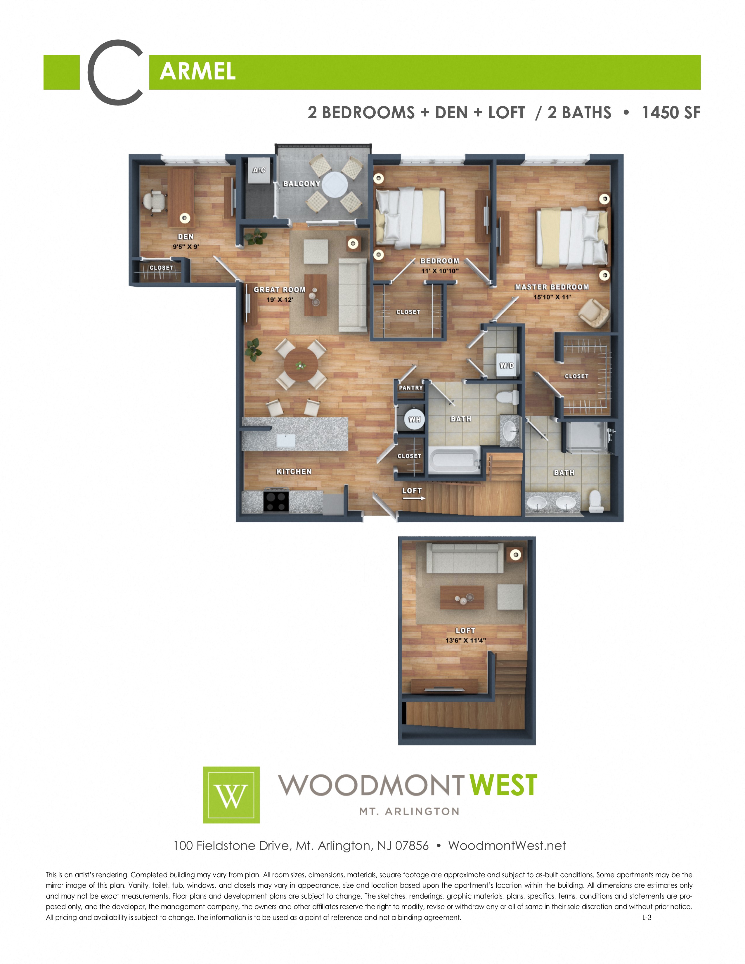 Floor plan for 2 beds, 2 baths, 1450 sqft